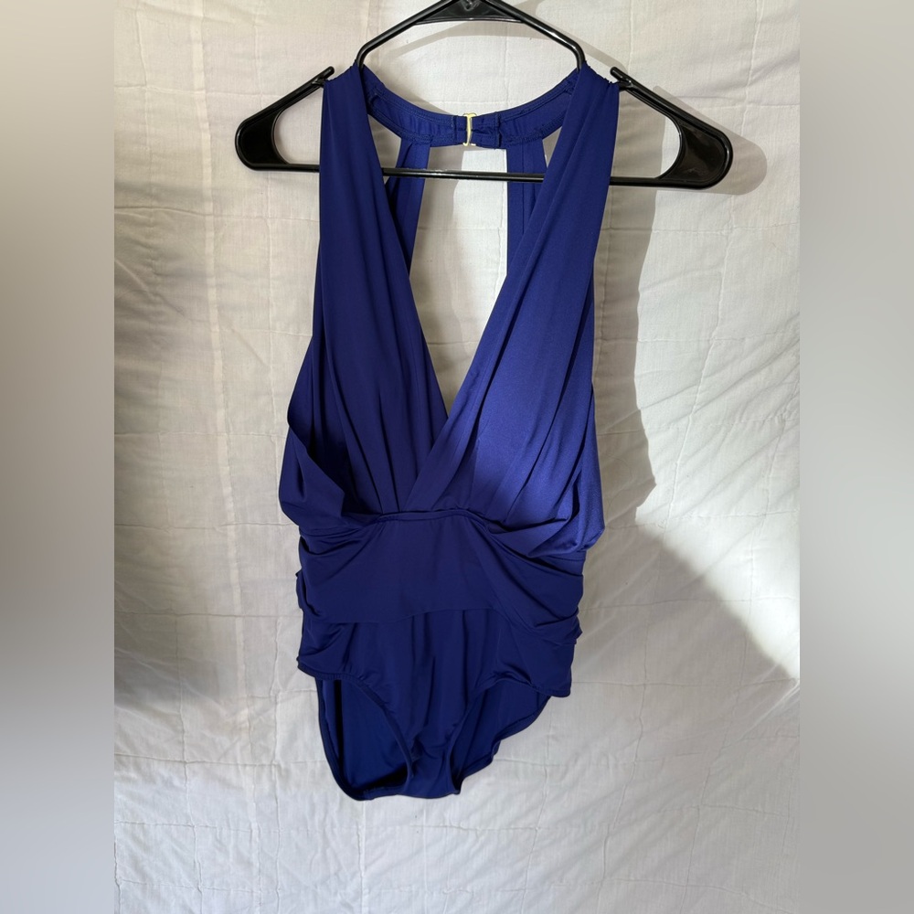 Badgley Mischka Deep V One-Piece Swimsuit in Cobalt